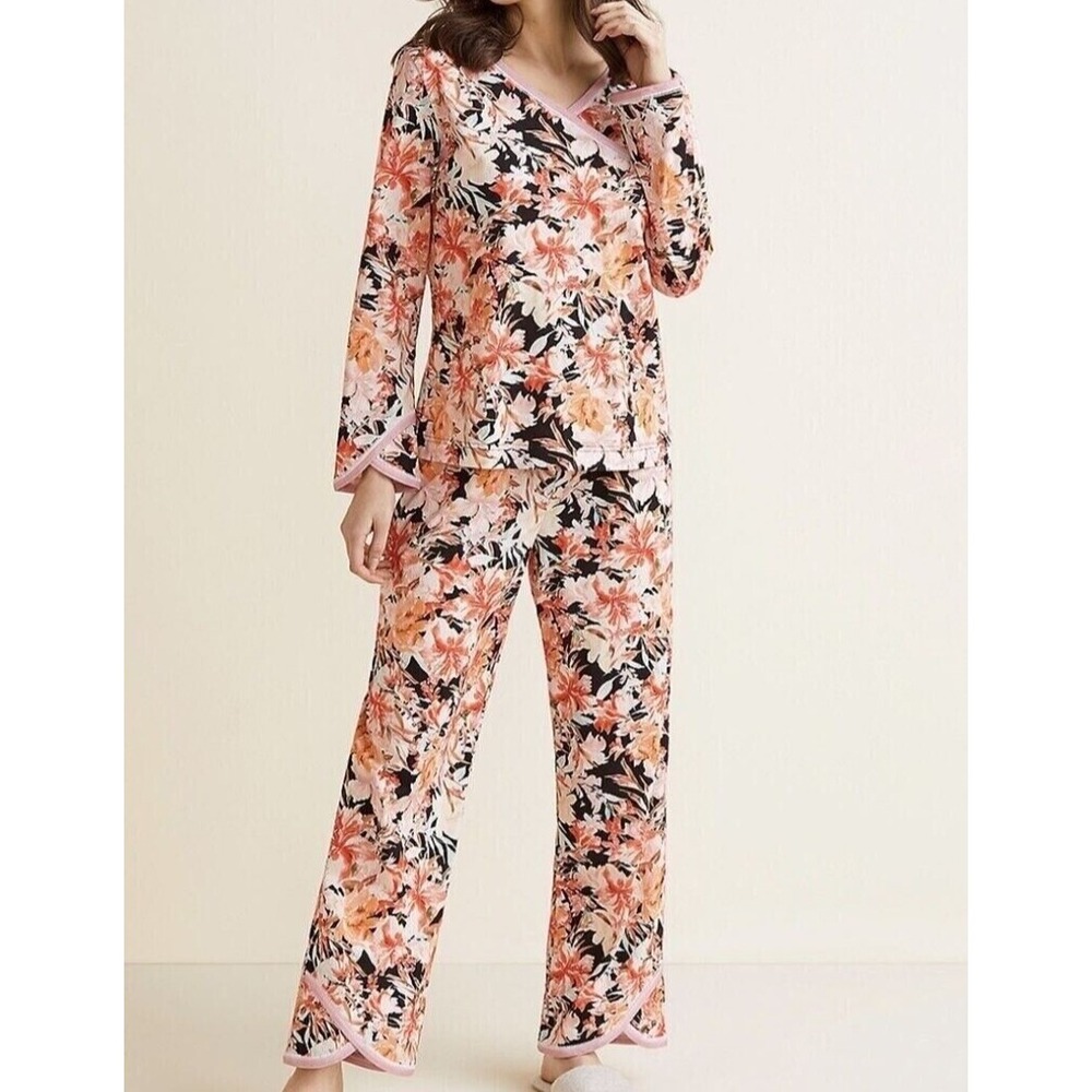 Garnet Hill Organic Cotton Asian Wrap Pajama Set PJ's Onyx Floral Medium 9174